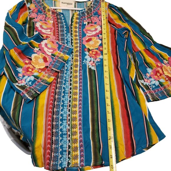 Savanna Jane Size Small Serape Stripe Embroidered Bell Sleeve Boho Tunic Blouse - Picture 5 of 9